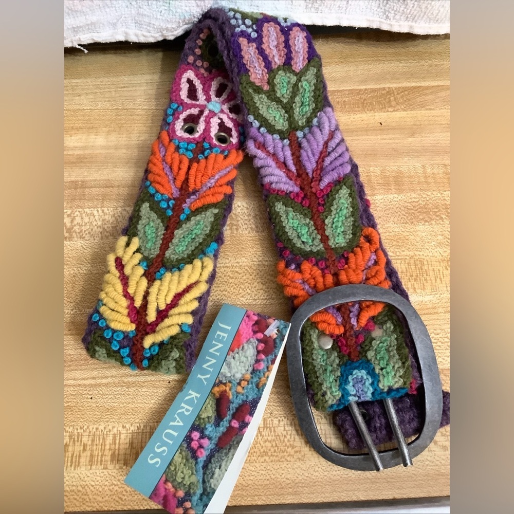 Jenny Krauss Boho Floral Densely Embroidered Blooms Wool Belt Handmade Peru Sz S - Picture 8 of 16